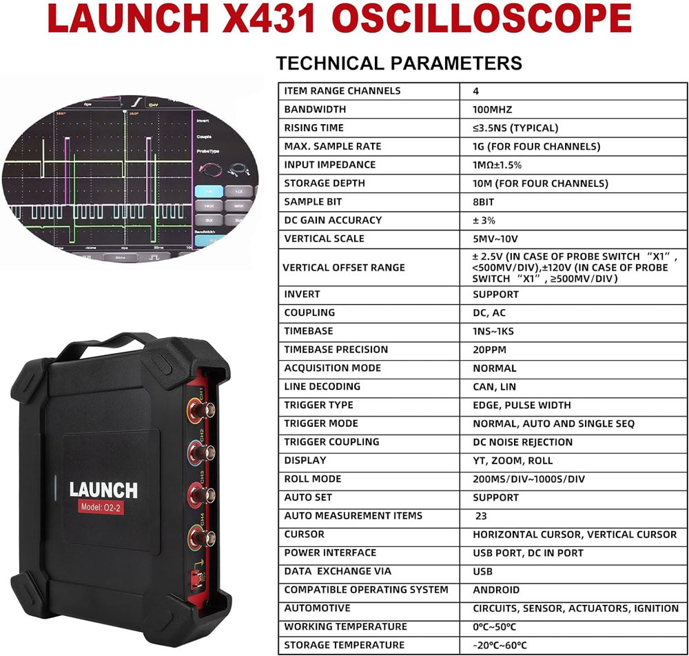 Launch X431 O2-2 Advanced Scopebox Technical Parameters: