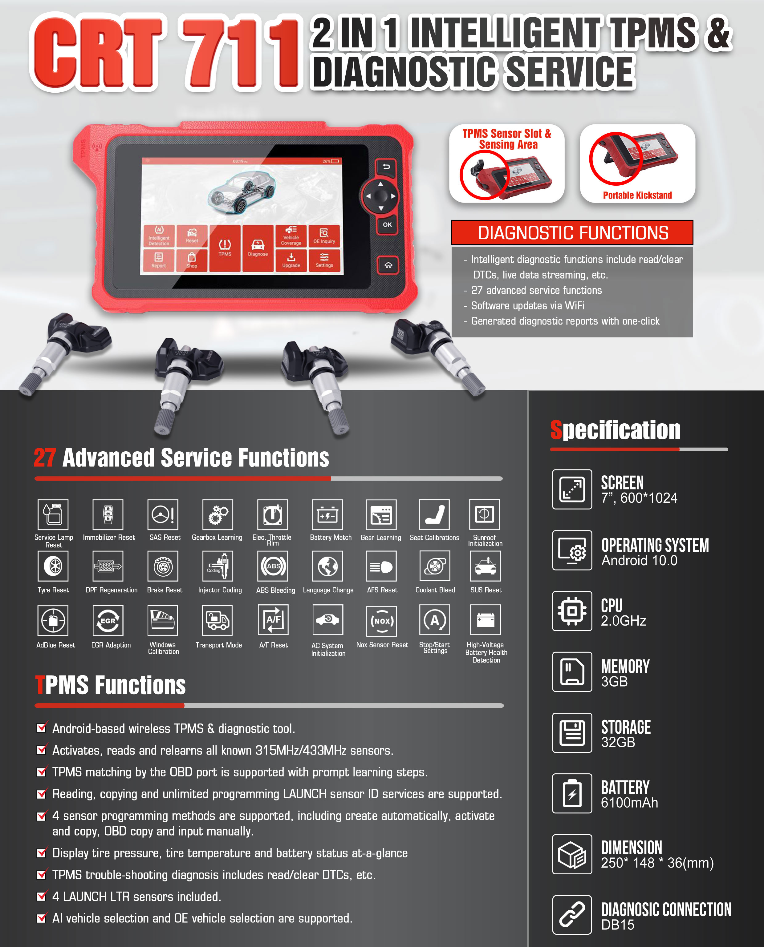 Launch CRT 711 Professional TPMS Diagnostic Tool  Is Capable Of Reading, Learning, And Programming Launch Sensors, As Well As Sensor ID Activation By The RF Signals | Emirates Keys