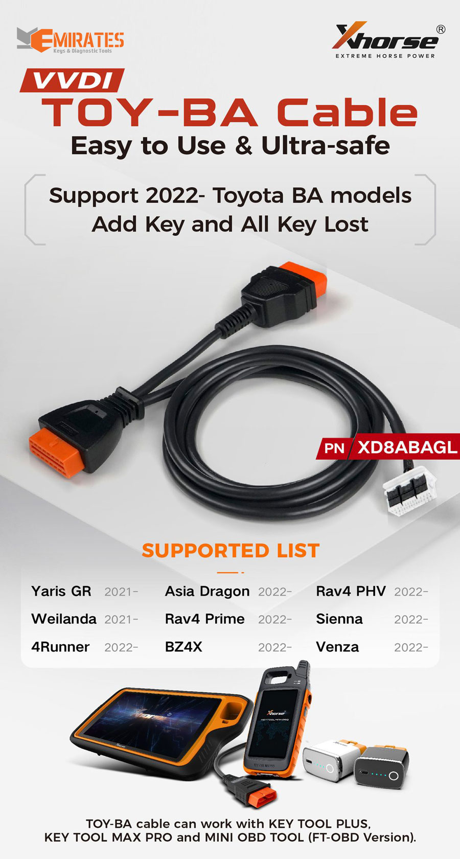 New Xhorse XD8ABAGL TOY-BA Toyota BA All Keys Lost Adapter for 2022- Toyota BA Add Key & AKL Works with VVDI Key Tool Plus, Key Tool Max Pro and FT-Mini OBD Tool | Emirates Keys