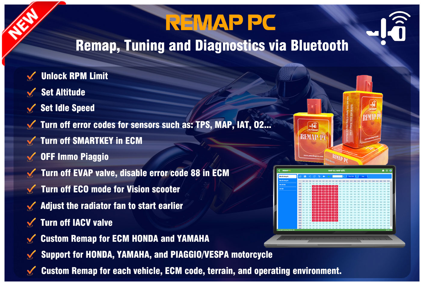 New AutoShop REMAPTOOL PC New Version Remap and Tuning Device via Bluetooth for motorcycles from HONDA, YAMAHA, and PIAGGIO/VESPA brands | Emirates Keys