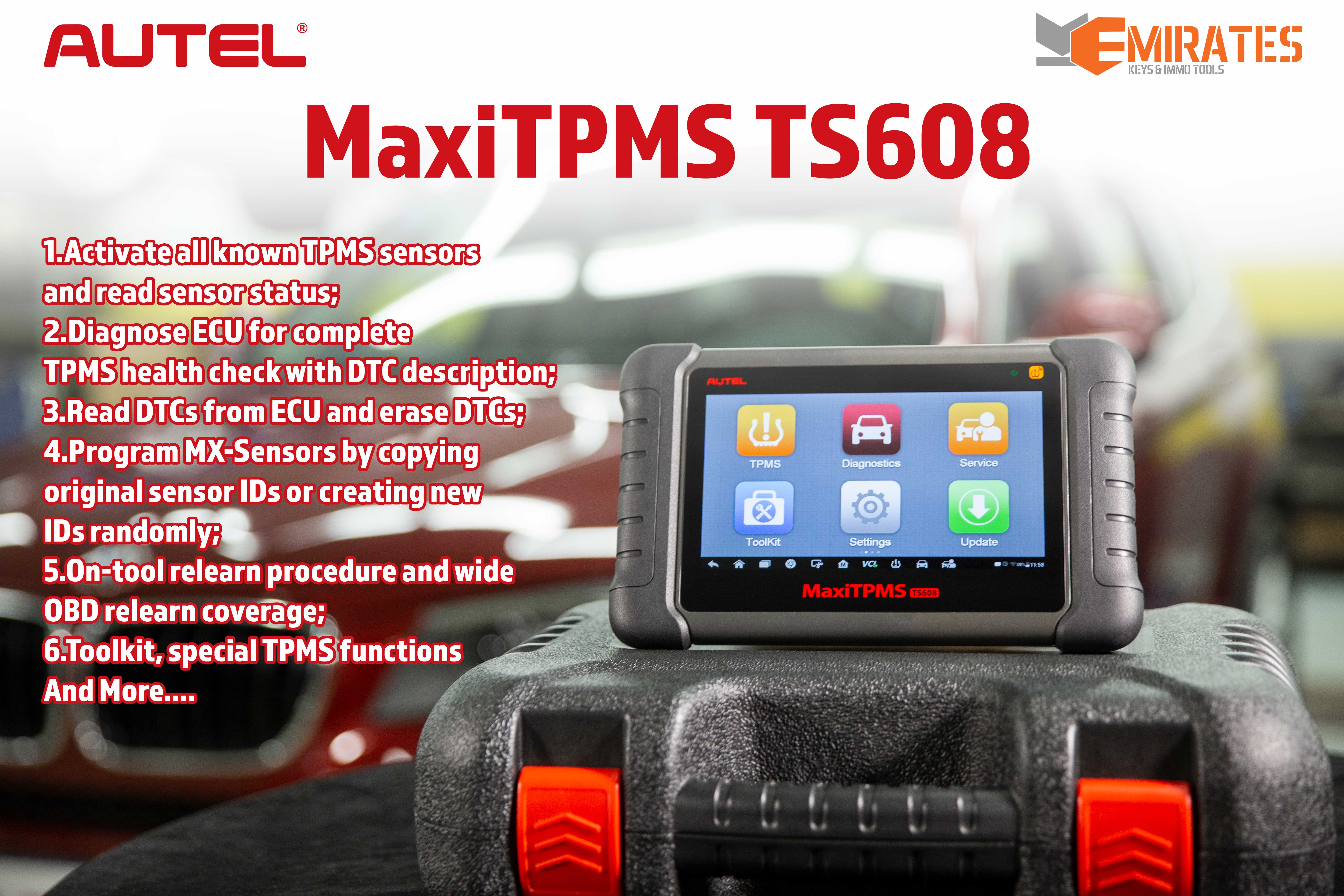 New Autel MaxiTPMS TS608 Complete Tpms & All System ServΔ±ce Tablet Tool Activate all known TPMS sensors and read sensor status | Emirates Keys